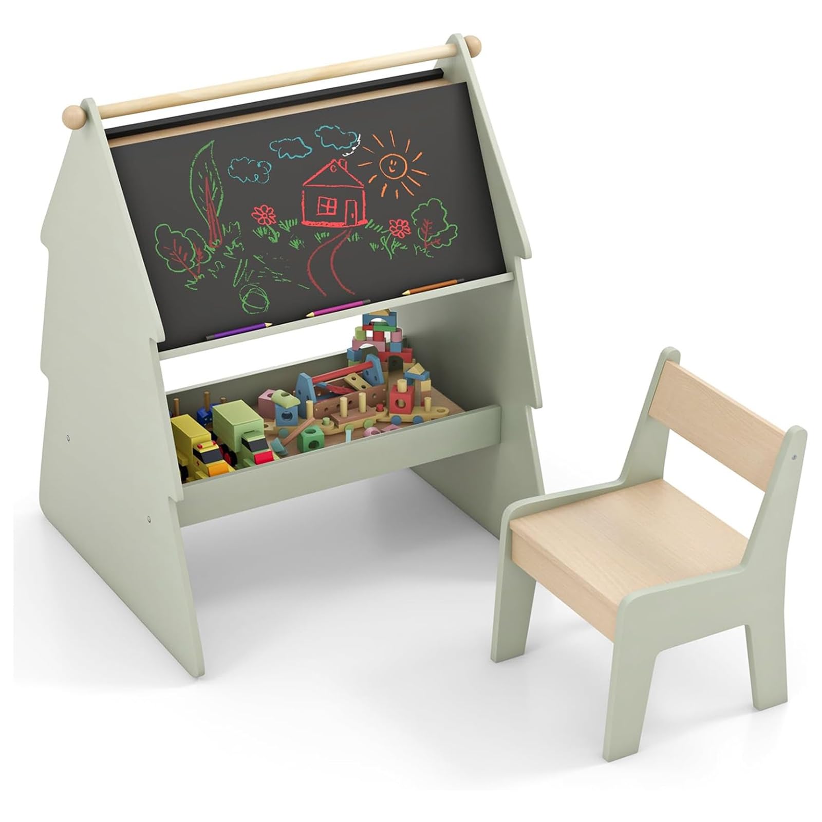 GYMAX 2-in-1 Kids Art Easel, Toddler Wooden Painting Drawing Easel with Chair, Double-Sided Chalkboard, Paper Roll Holder & Storage Rack, Children Activity Table and Chair Set for Boys Girls