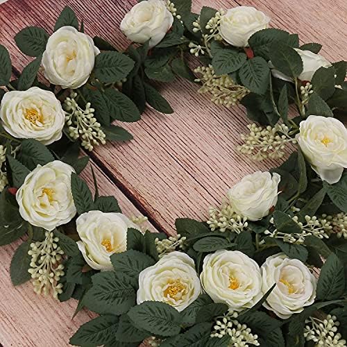 U'Artlines 2PCS(13FT) Fake Rose Vine Garland Artificial Flowers Plants for Hotel Wedding Home Party Garden Craft Art Decor(White)