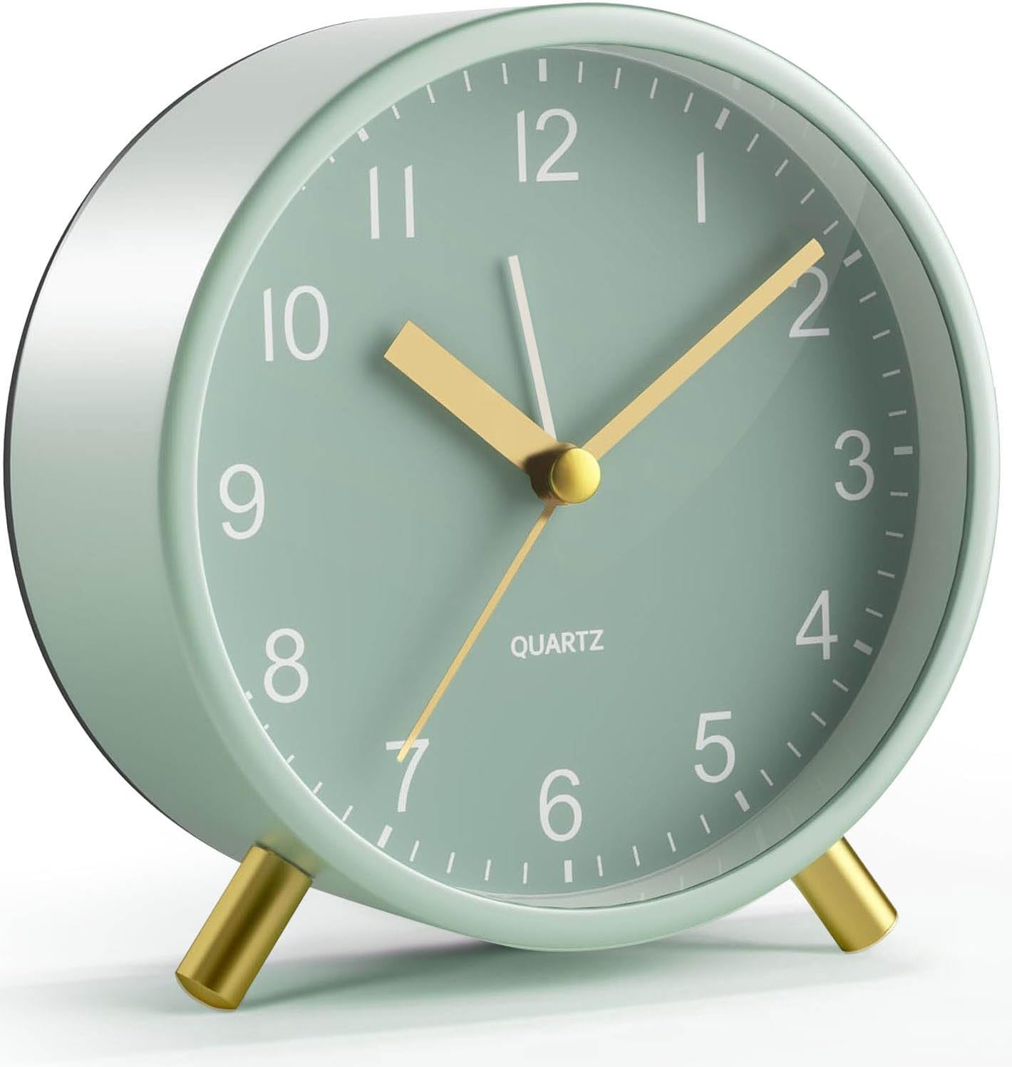 YouJabz Analogue Alarm Clock, Silent Non Ticking with Night Light, Battery Operated, Fashionable Round Metal Alarm Clock for Office, Bedroom, Elderly, Adults, Children, School Gift (Green)