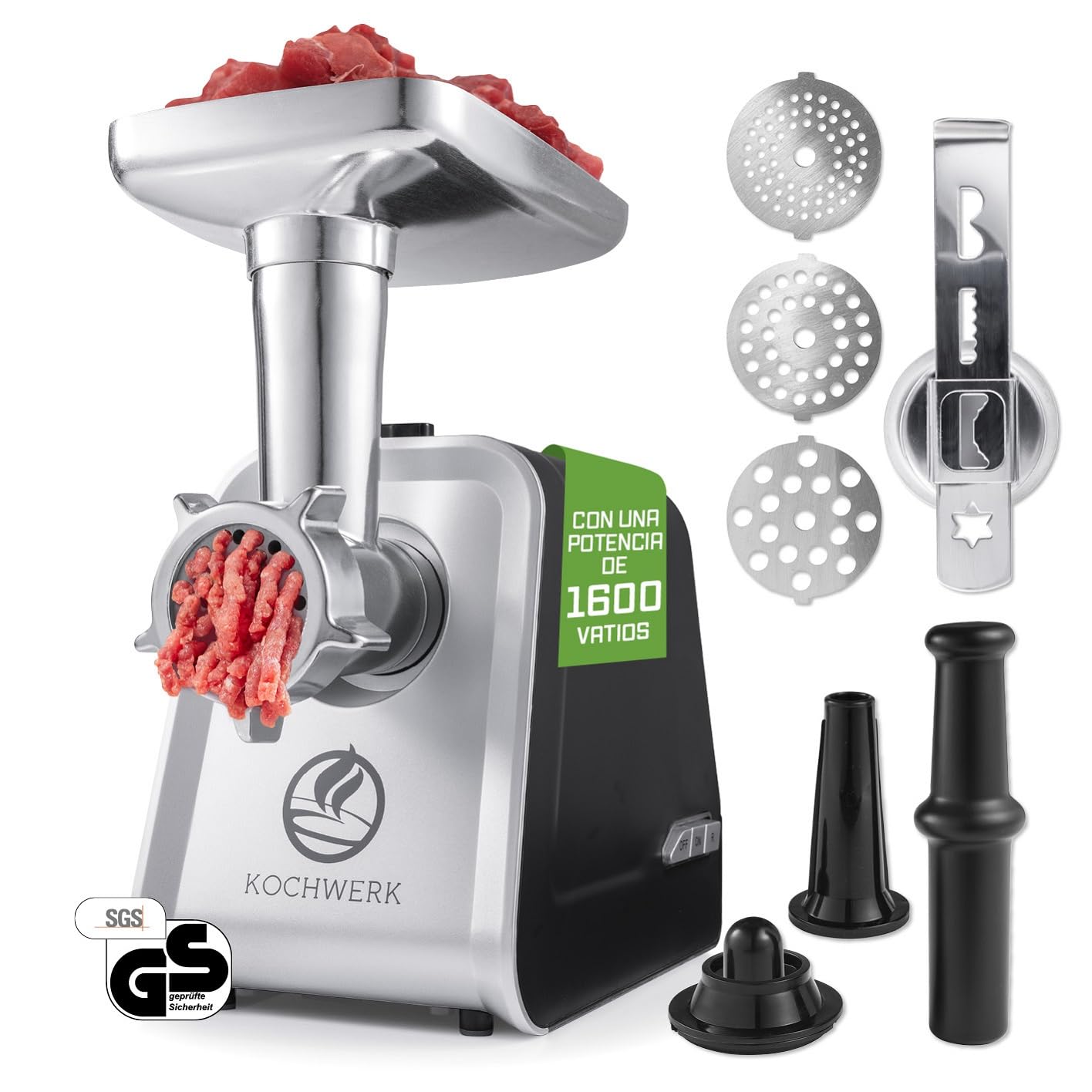 KOCHWERK Picadora de carne eléctrica con diferentes accesorios, procesa hasta 2000 g/min | carne picada, kibbeh, churros, salchichas y más con solo pulsar un botón | fácil manejo y limpieza [1600 W]