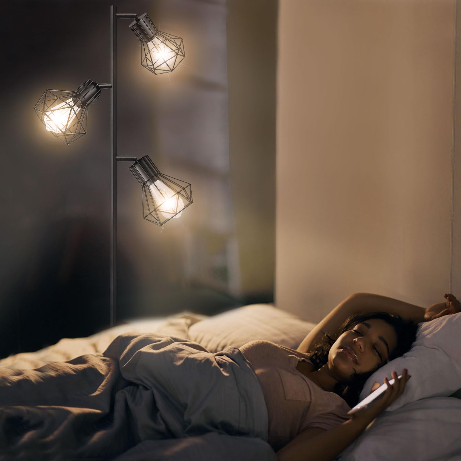 BBHome Lampada da terra industriale, lampada da terra ad albero di fattoria con teste a gabbia regolabili, lampade da terra rustiche per ufficio camera da letto soggiorno, nero (lampadine non incluse)
