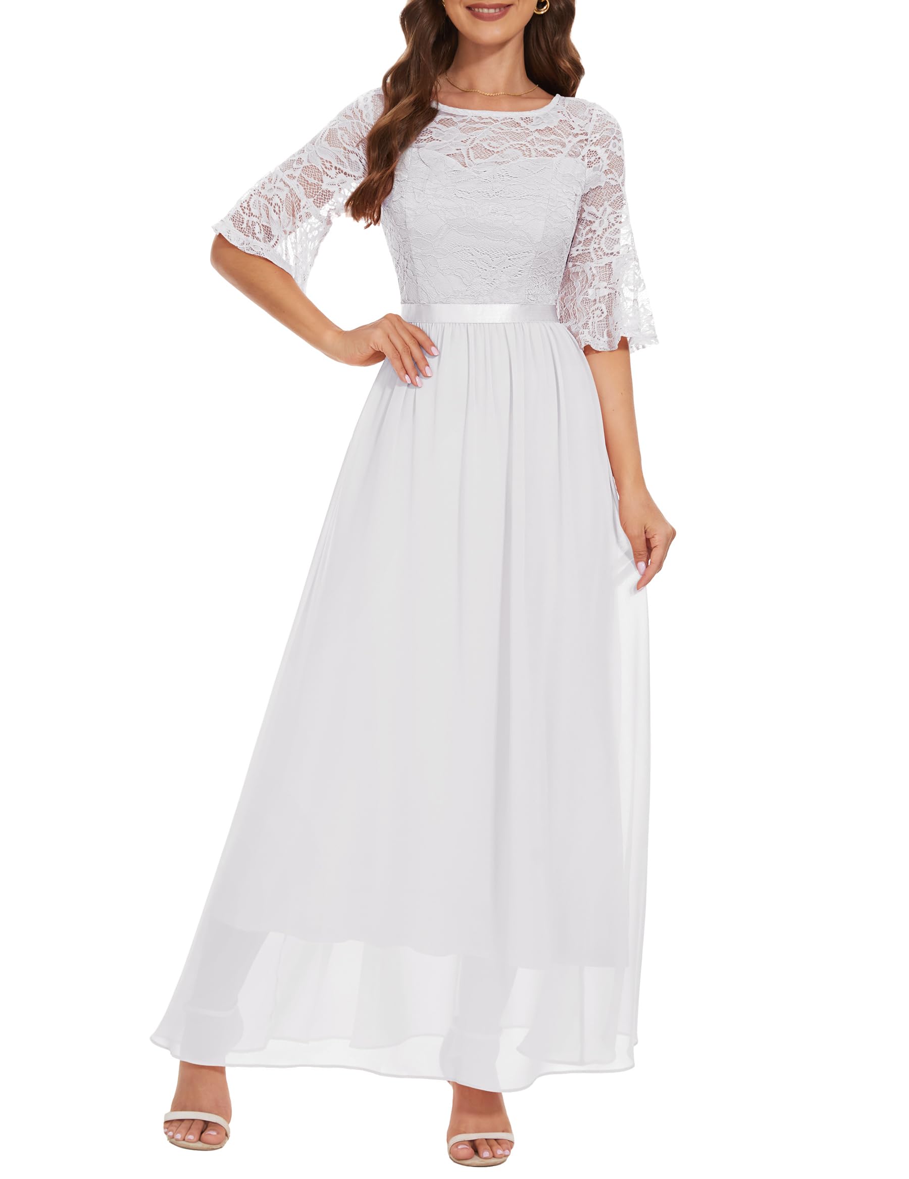 Wedtrend Vestido de noche elegante para boda, elegante, maxi, de encaje, cuello redondo, vestido de cóctel, vestido de gasa, con mangas acampanadas