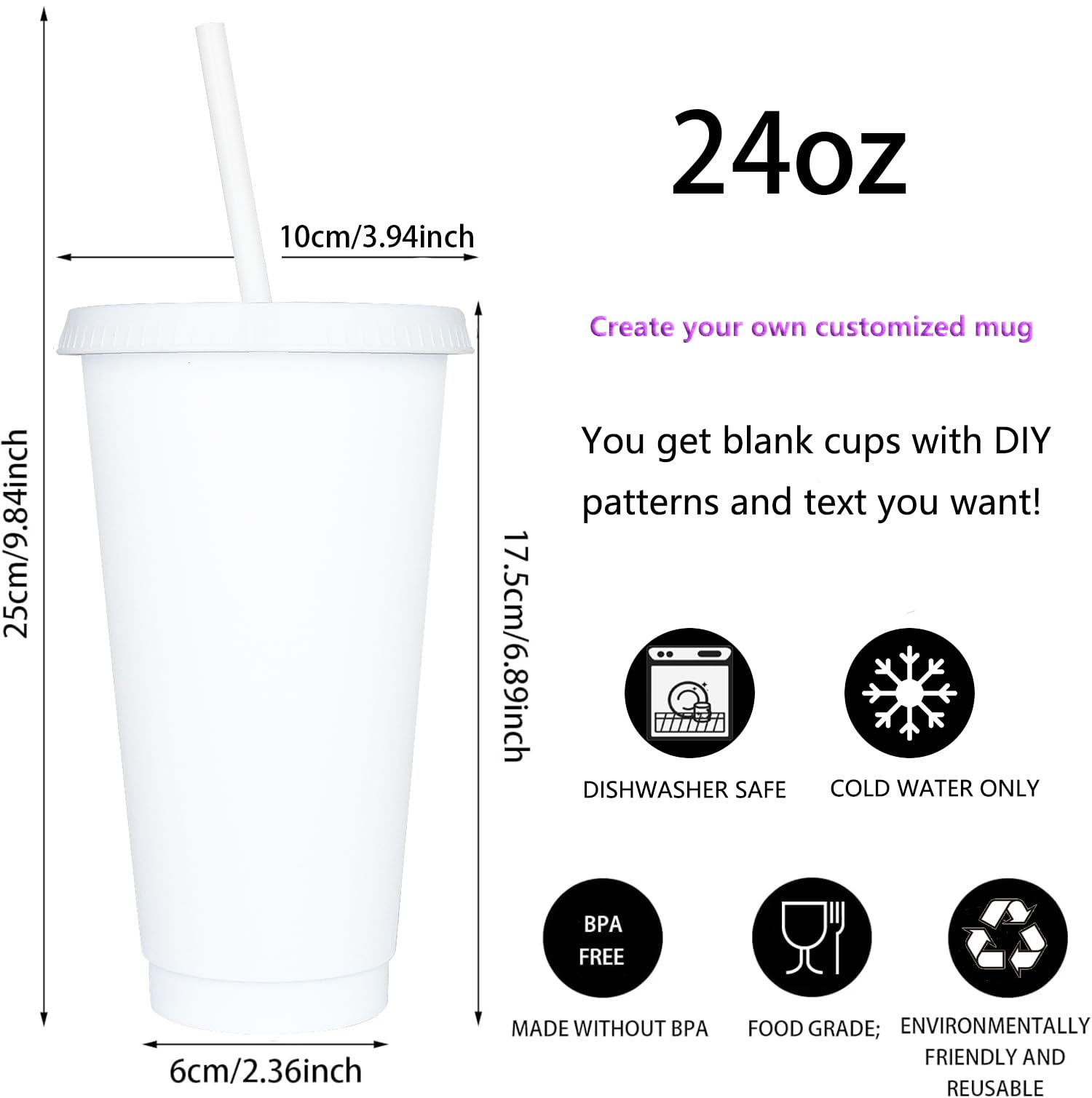 Yisituo 710ml Reusable Plastic Cups, 10 Pack Cold Cups with Lid and Straw - Image 2