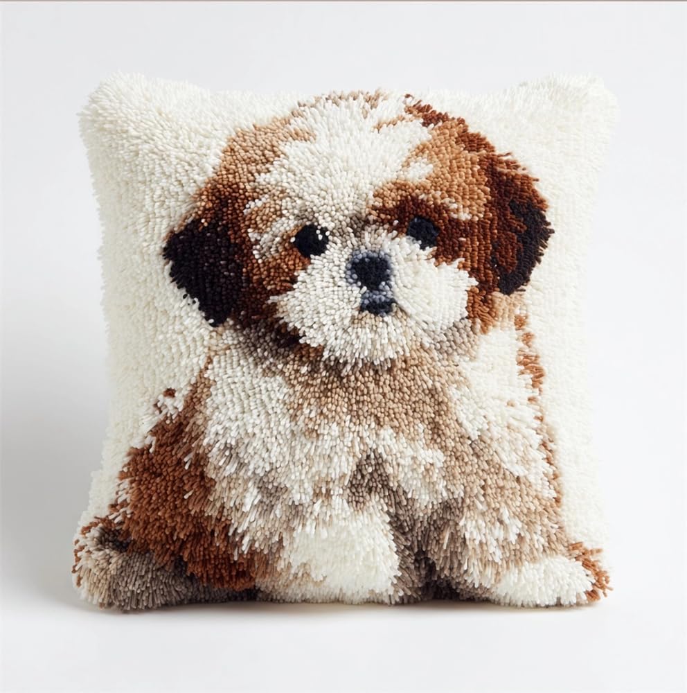 kitphoenix Latch Hook Cushion Kits for Adults White Brown Shih Tzu Puppy Rug Cover Pillowcase Beginner DIY Needlework Embroidery Kits Handmade Set Craft Sofa Home Decor 17X17Inch