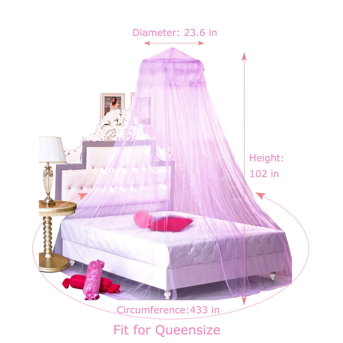 BCBYou - Mosquitera Redonda de Encaje para Cama de Princesa y Cama de Matrimonio con Gancho Grande