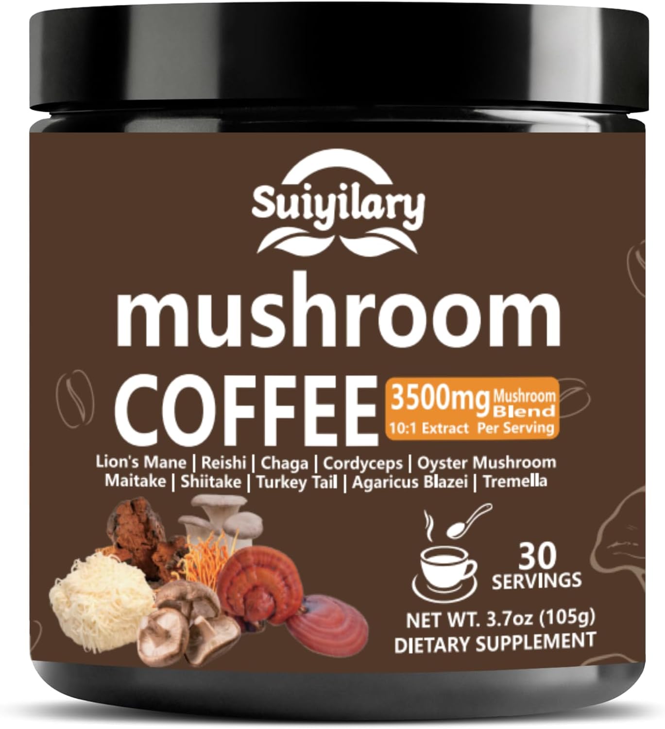 Mushroom Coffee with Arabica, Lion's Mane, Reishi, Mushroom Polysaccharides & More, 3500mg (10:1) Instant Mushroom Extract Powder for Focus & Immunity.