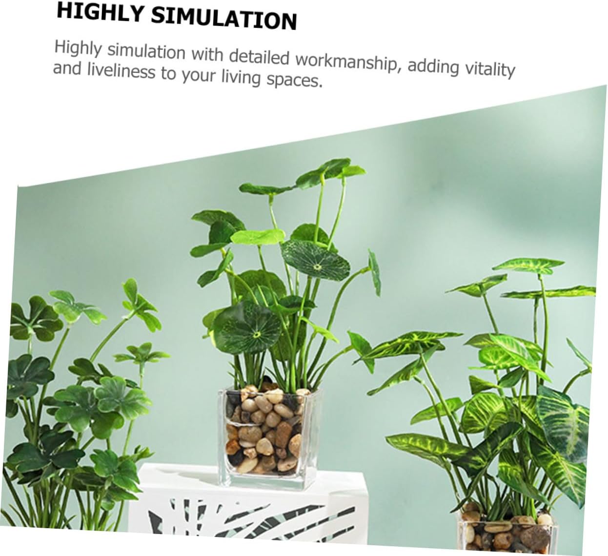 KALLORY Artificial Small Lotus Leaf Fake Plants 2pcs with Four-Leaf Herb Mini Faux Potted Bonsai Home Office Decorative Greenery for Tabletop and Living Room