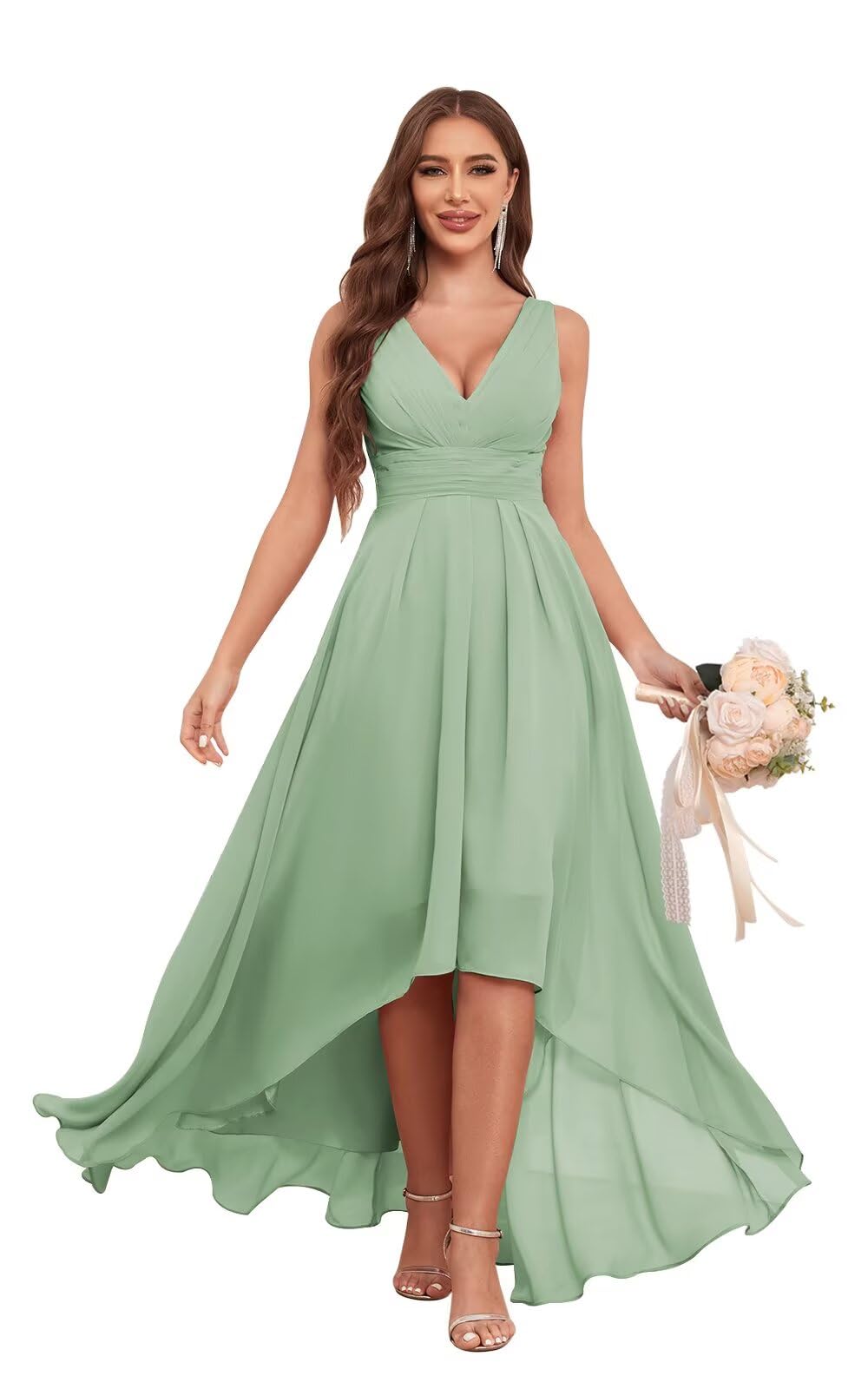Sukleet Chiffon Bridesmaid Dresses for Women with Pockets V Neck Ruched Short Formal Party Dress