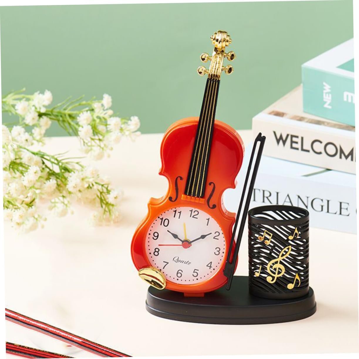 Decorative Violin-Shaped Clock with Pen Holder, Plastic Desk Clock Ornament image 2