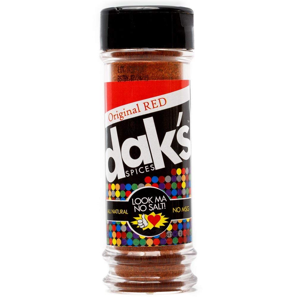 DAK's Spices ORIGINAL RED – 100% salt free! Deliciously spice up your diet with this seasoning containing 0% sodium! Grill steak and poultry with freedom from salt, low salt, and low sodium!