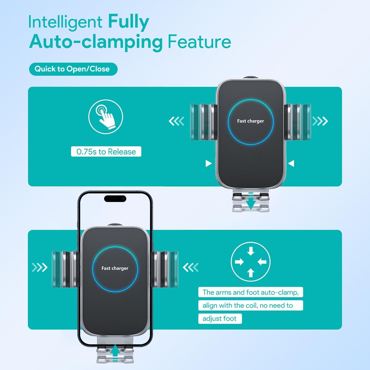Hinyx Kabelloses Auto Ladegerät, Auto Handyhalterung Mit Ladefunktion Automatischer Induktion, Qi 15W Fast Wireless Charger Auto für iPhone 12 Pro Max/XS/11/X/8,Samsung S20/Note10,Huawei LG usw