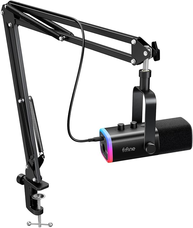 FIFINE AM8T XLR/USB Dynamic RGB Gaming Microphone Kit with Boom Arm