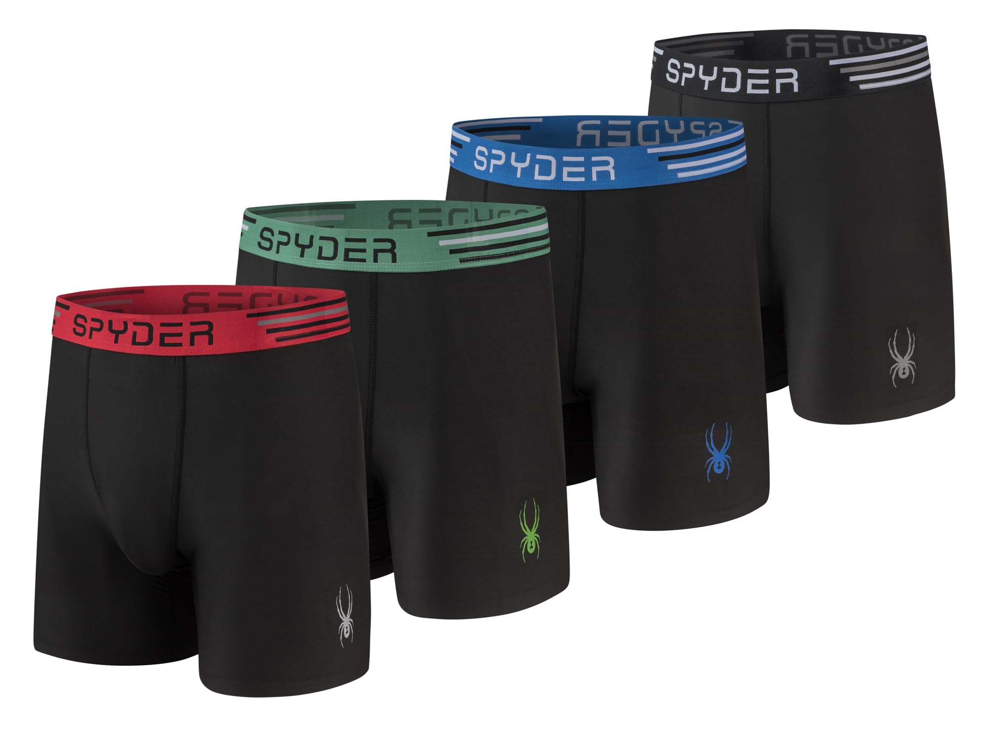 Spyder Mens Boxer Briefs 4 Pack Poly Spandex Performance Underwear/Bonded Hem Boxer Briefs, Blk/Blk/Blk/Blk, L