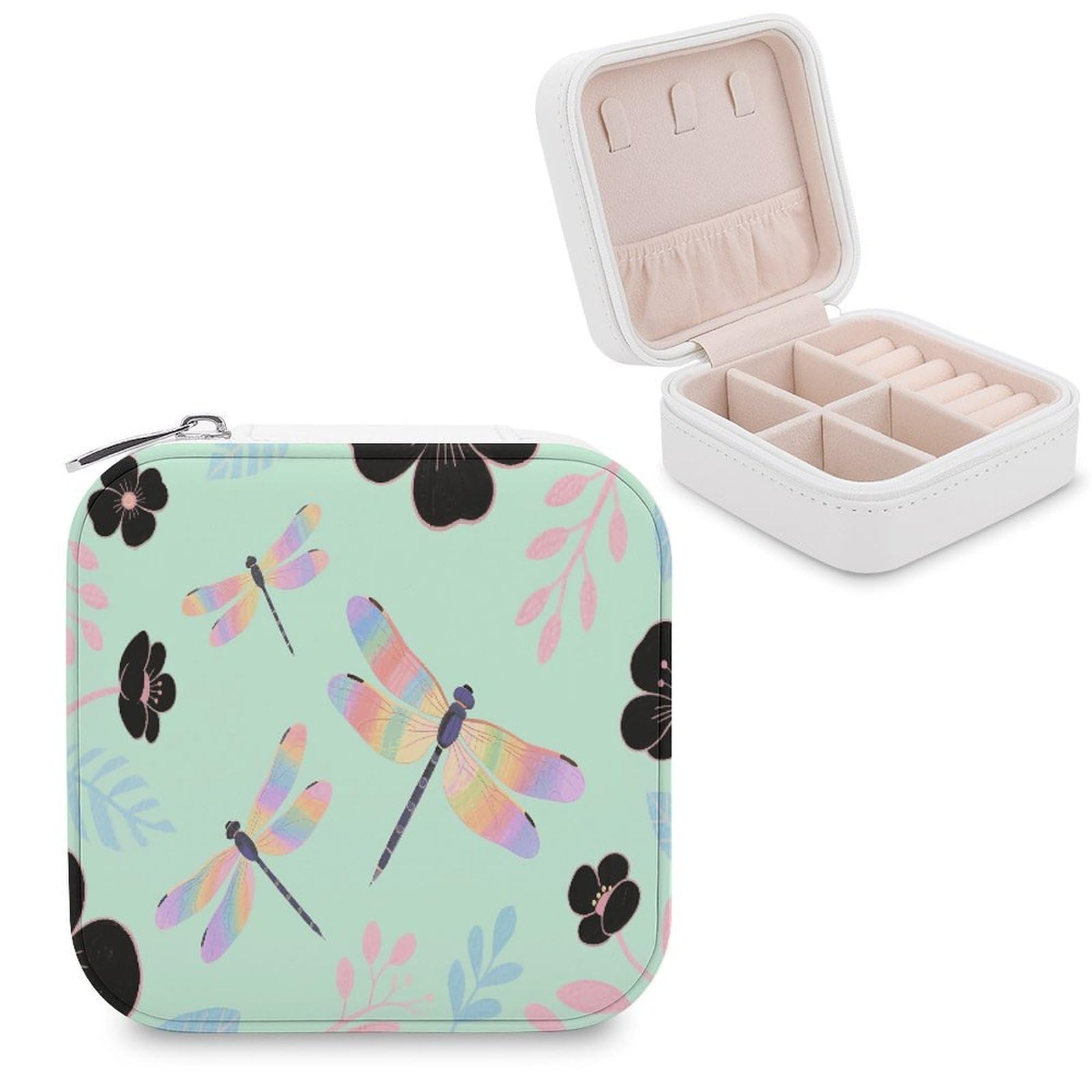 VstaDank Dragonfly Jewelry Organizer Travel Case for Women With Zipper Mini Jewelry Case PU Leather Jewelrys Box for Rings Necklaces Bracelets Earring Holder Organizer Storage