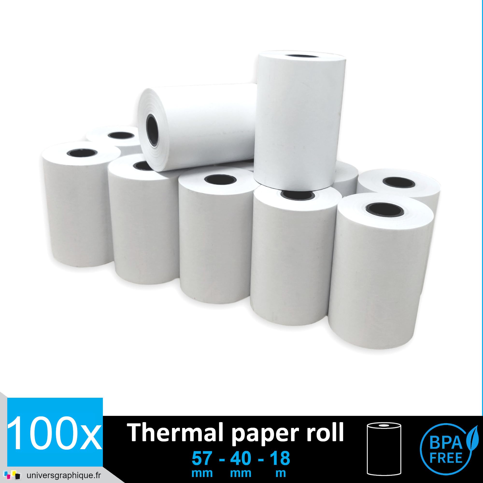 UniversGraphique 100 Rotoli di Carta Termica per Stampare Scontrini, 57mm x 40mm, Carta Bianca di Alta Qualità senza BPA