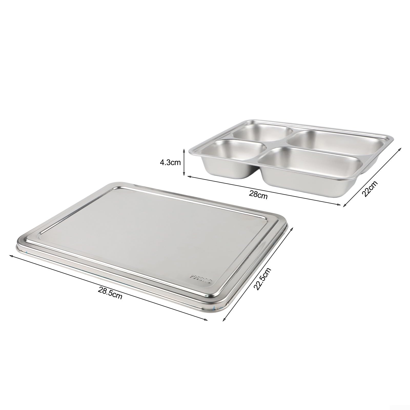 Plate Repas Acier Inoxydable avec Couvercle Compartiments pour Adultes Pique-nique Camping Réutilisable 28x22x4.3cm(A)