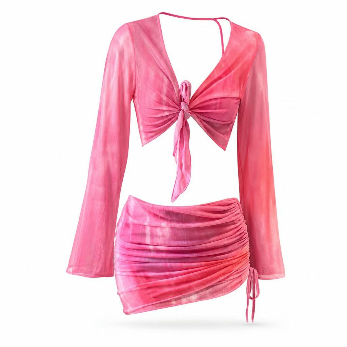 Neoprenowy damski zestaw bikini typu tie-dye | Wielokolorowe damskie bikini Tie Dye M/L/XL 4 szt. Siatkowa spódnica z długim rękawem Ruched kostiumy kąpielowe