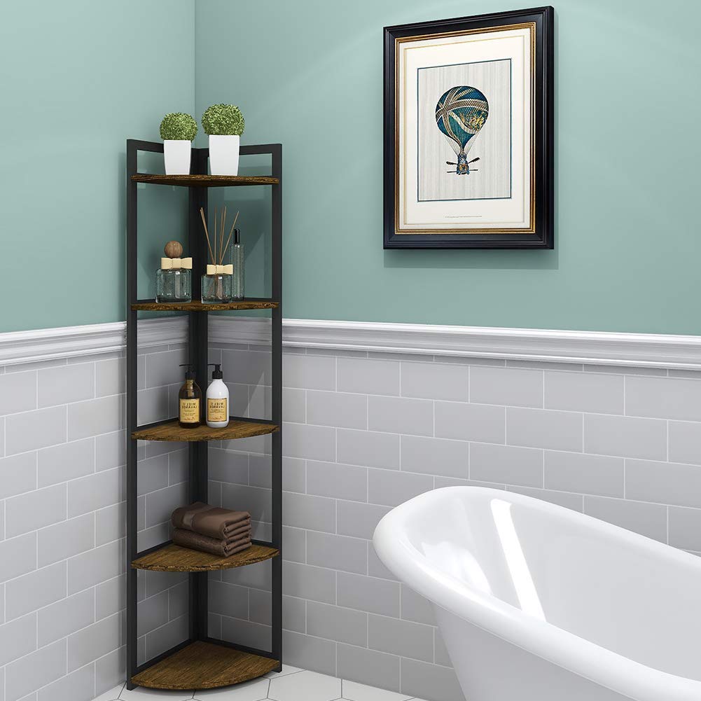 SUPERJARE Corner Shelf, Industrial 5 Tier Wood Wall Corner Bookshelf