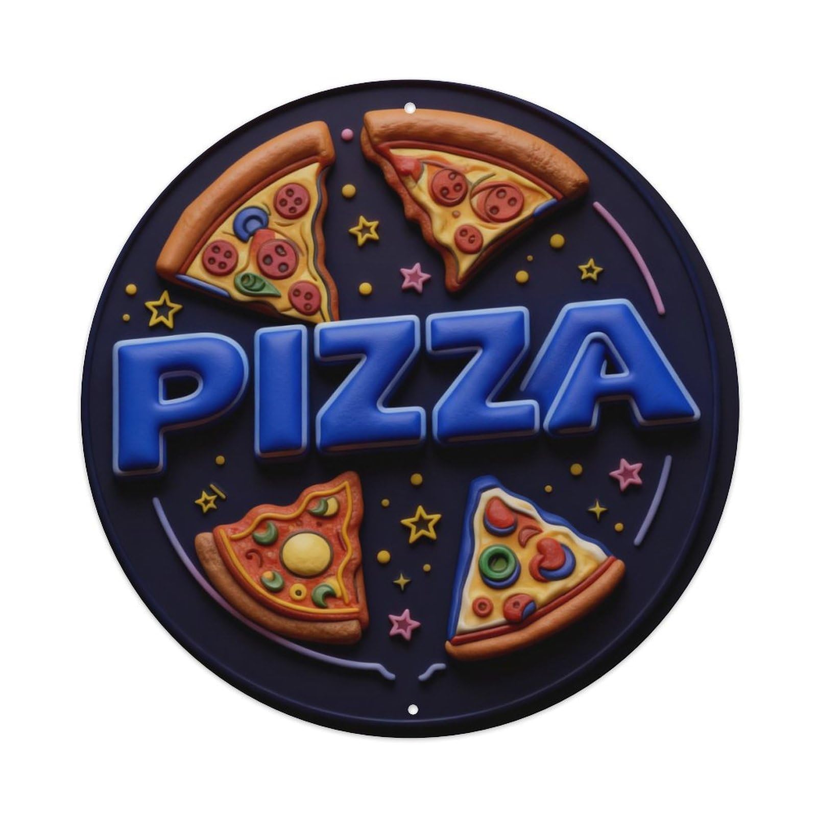 Neon Pizza Slices Stars Circle Round Metal Tin Sign Vintage Wall Decor, Bar Garage Cafe Kitchen Home Wall Art Poster 8x8inches