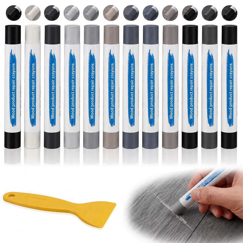 Wax Filler Wood Repair Sticks, Wax Sticks for Wood Repair, Laminate Floor Repairs Kit, Soft Repairs Crayons for Wooden Furniture Laminate Floor Table Door Scratches Holes (Grey Series-12PCS)