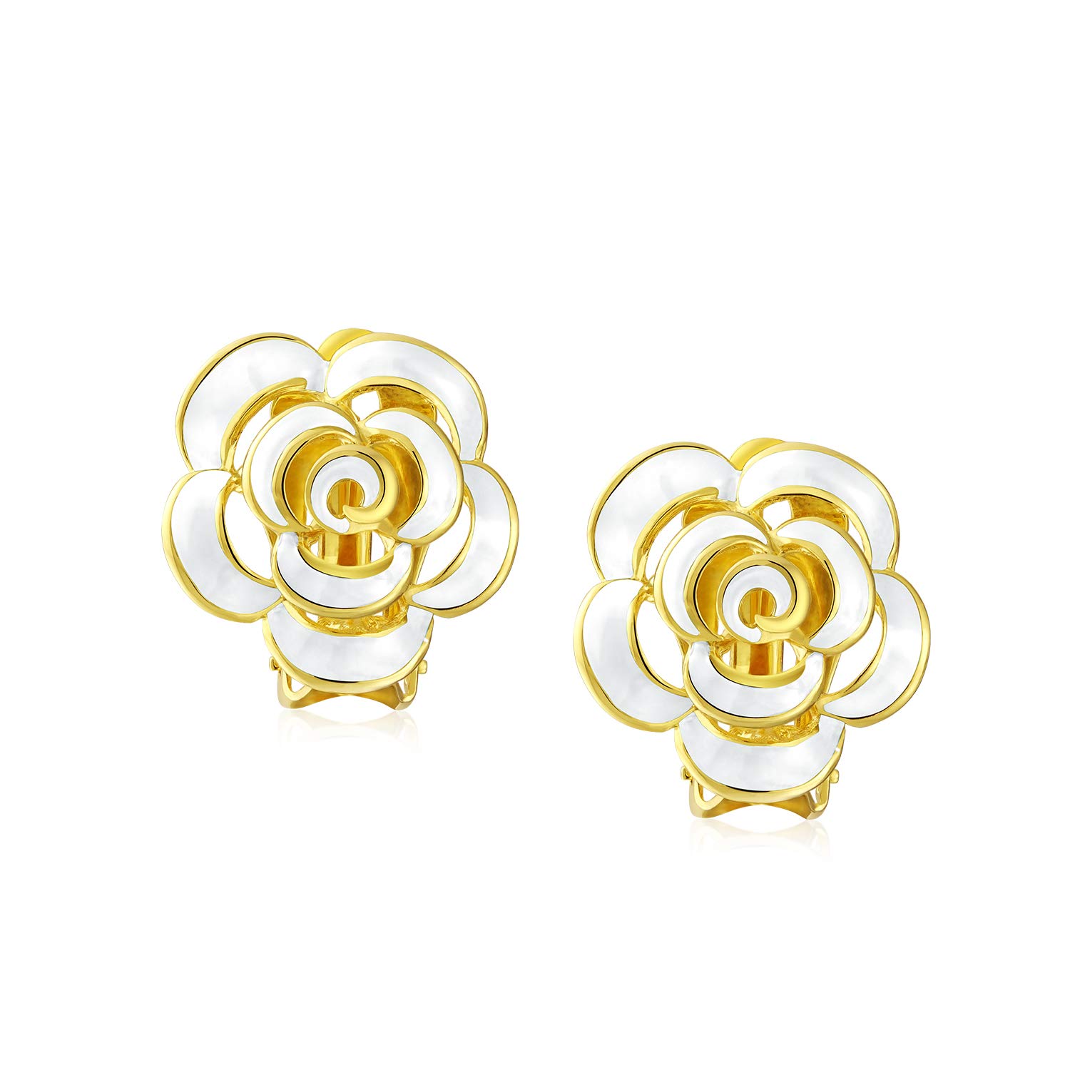 Set di due orecchini a clip in smalto fashion 3D bianco e blu a forma di rosa, stile bottone, per orecchie non forate, placcati in oro 14K.