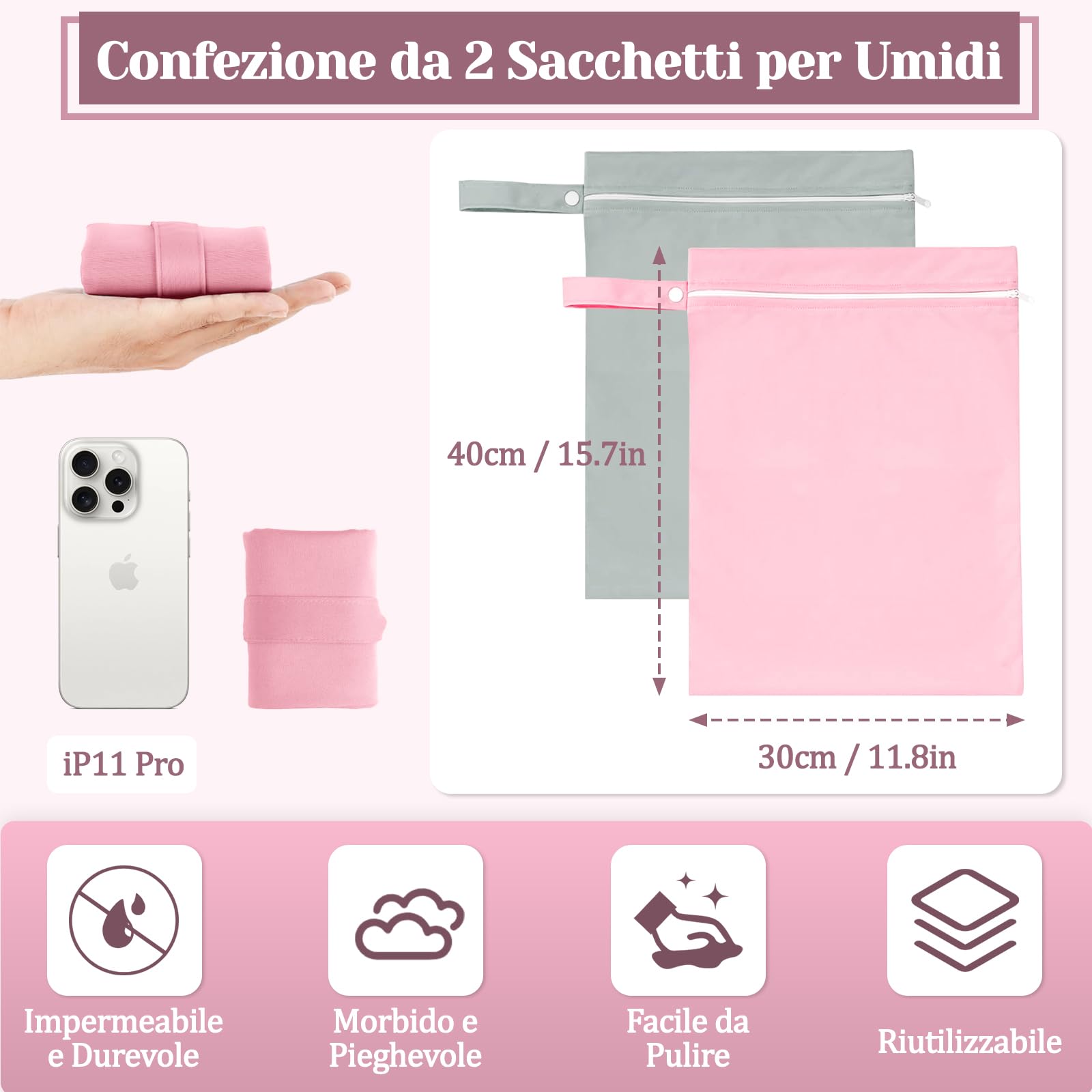 Sacca Impermeabile Wet Bag 40x30 cm Porta Pannolini Salviette Zip Manico Riutilizzabile Pieghevole 2 Pezzi