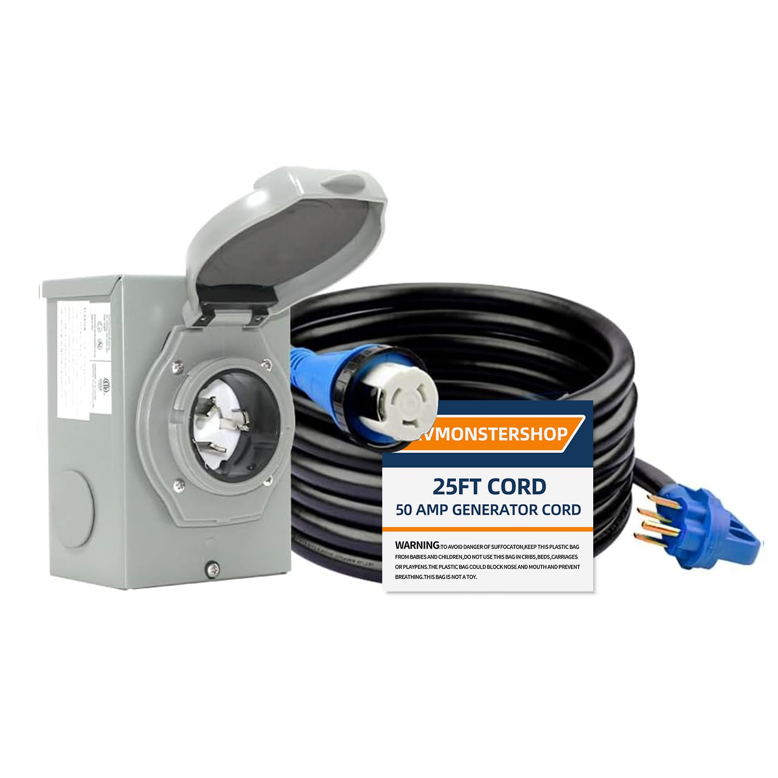 Snapklik.com : 50 Amp Generator Extension Cord 25FT And Power Inlet Box