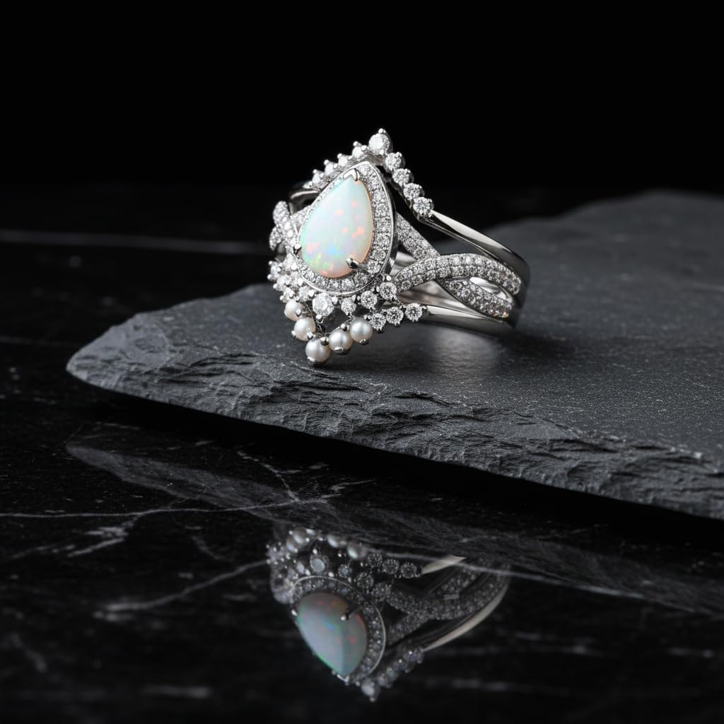 1.5 Carat Opal Engagement Ring Set for Women 3pcs Unique Pear Cut Ring Bridal Set 925 Sterling Silver Rings with 18K White Gold Plated