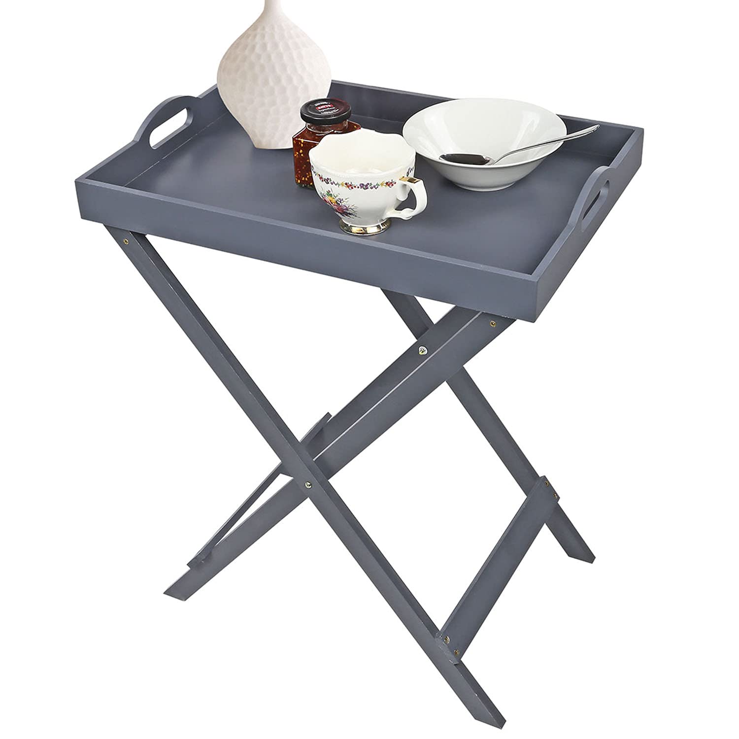 Taylor & Brown Grey Wooden Folding Butler Tray Tables Portable Breakfast Dinner Serving Laptop Tray Side End Table Space Saving Design Compact Foldable