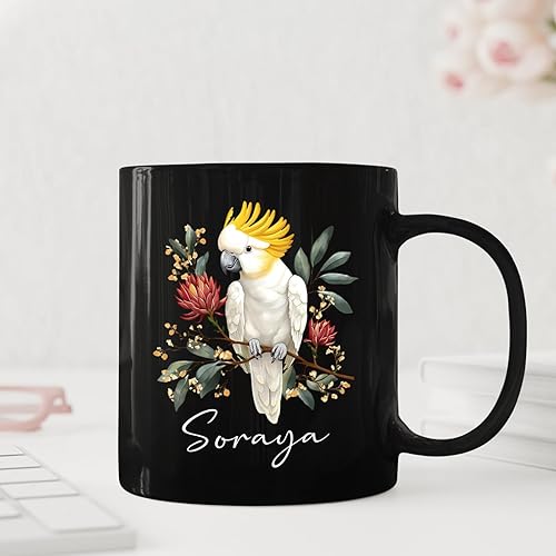 Miniatura 3 de Taza de cerámica negra personalizada de cumpleaños con nombre, taza de café personalizada para amantes de la cacatúa, taza de café de pájaro de