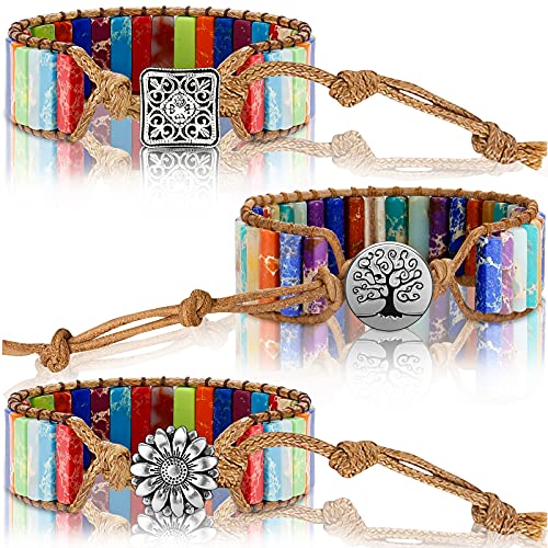 Hicarer 3 Pcs 7 Chakra Bracelets for Women Men Natural Stone Leather Wrap Healing Bead Bracelets Healing Stone Boho Friendship Jewelry Gifts - Main Image