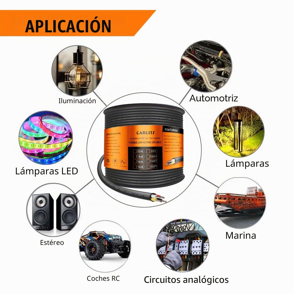 Cable Eléctrico de 4 Conductores de Calibre 18 4x0,8mm², 30,48M Cable Trenzado Negro de Bajo Voltaje 18/4 Caja de PVC, Cable de Alimentación de Extensión Flexible para Lámpara LED