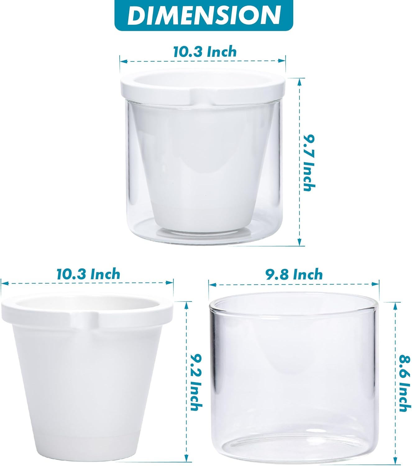 D'vine Dev 10 Inch Design Self Watering Planter for Indoor Plants, White Terracotta Pots with Cylinder Glass Cup, 37-X-D-2