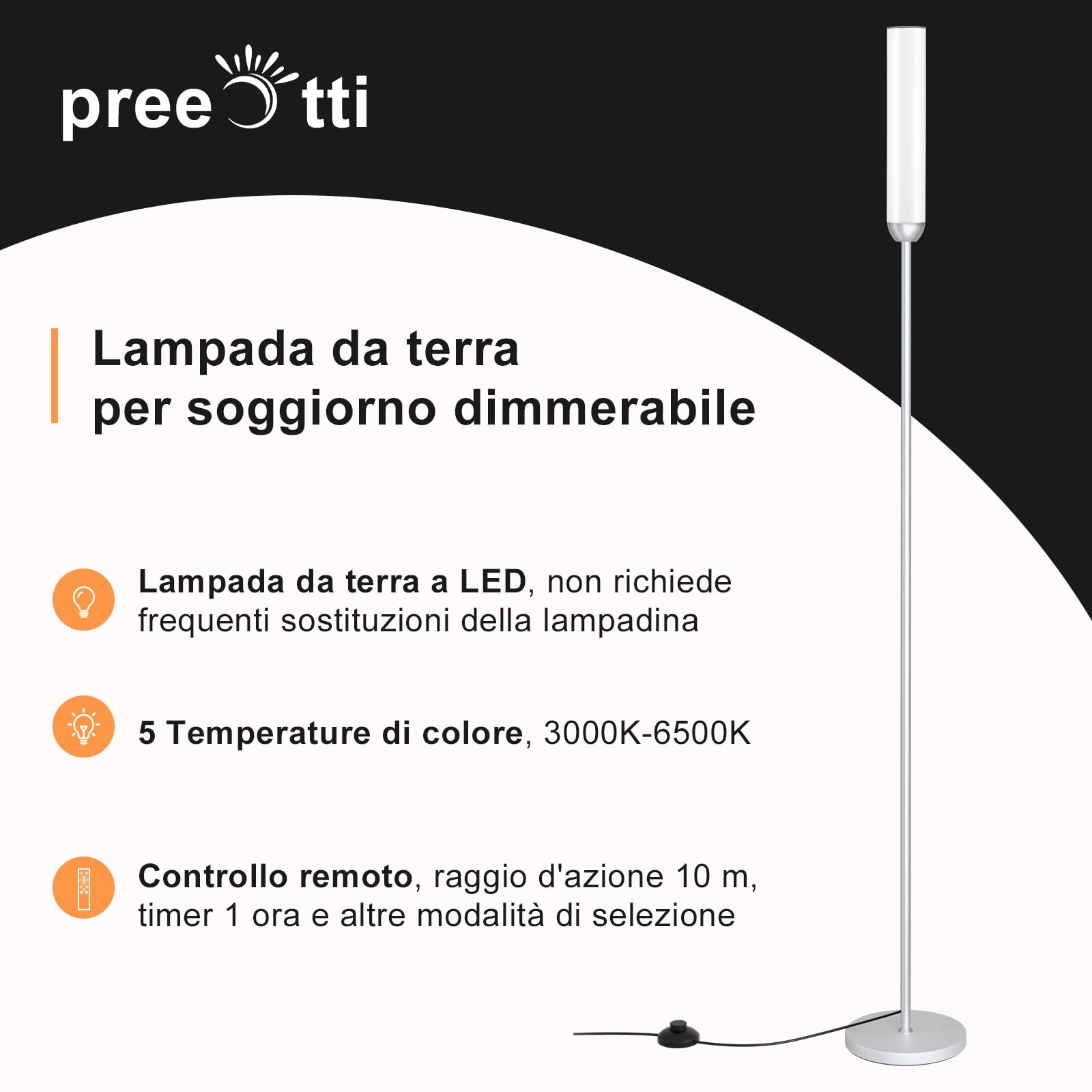 Lampadaire sur Pied Salon, lampadaire LED Dimmable, 5 Températures de Couleur avec Télécommande et Pédale de Commande, LED Lampe sur Pied Moderne Argent pour Chambre, Étudier, Bureau