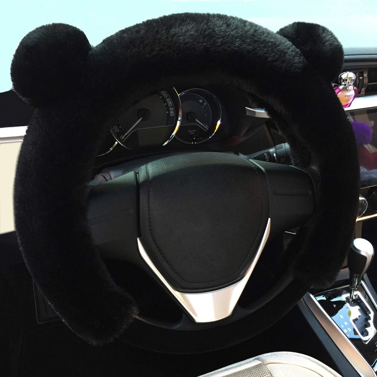 Universal Fluffy Steering Wheel Cover CXTIY Fashion Cute Cartoon Shape Winter Car Warm Covers for Women Girls (15 inch, Black)