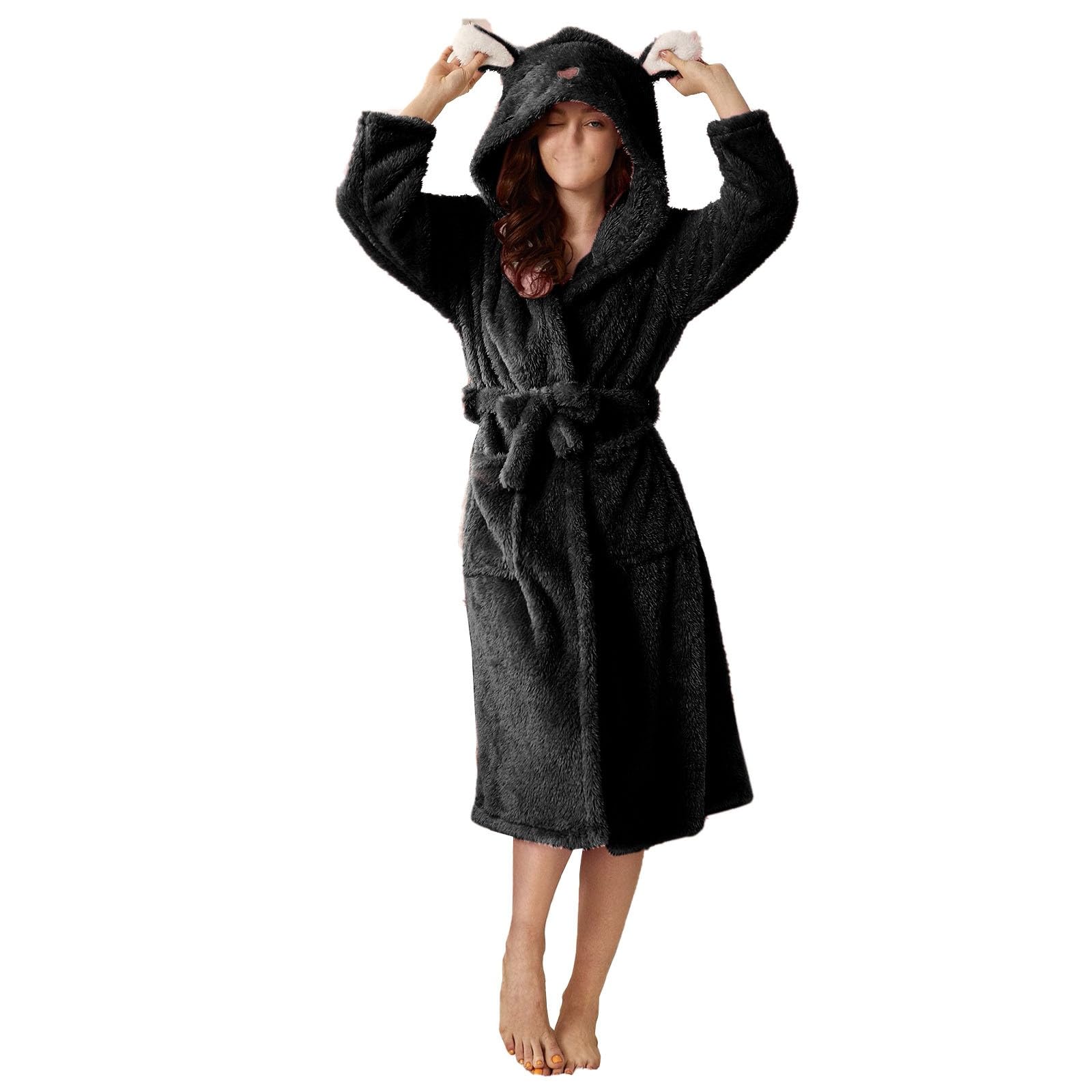 Albornoz Negro Liso con Capucha para Mujer, Suave, Esponjoso, Cálido, Liso, Largo, con Cinturón, Ligero, Lujoso y Acogedor para Estar En Casa En Invierno.