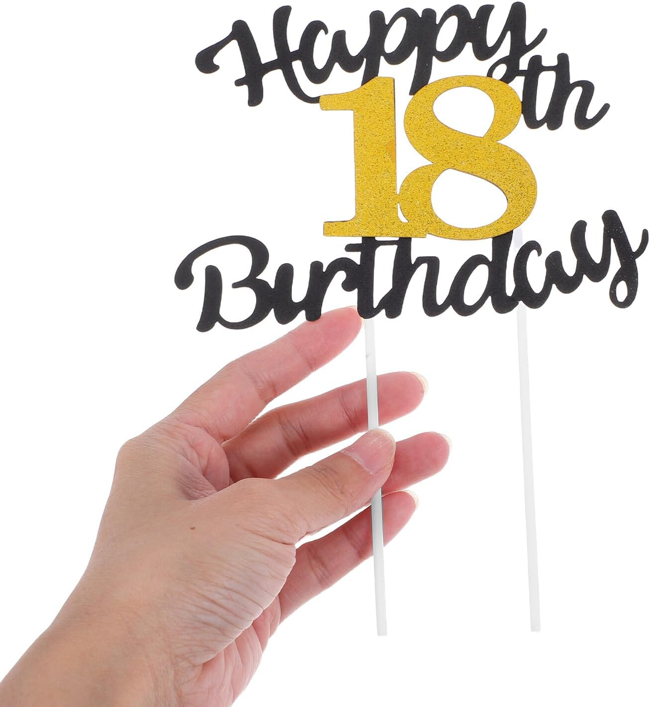 10pcs Happy Birthday Cake Topper with Black and Gold Glitter Number 18 Non-edible Birthday Cake Picks for 18th Party Decorations