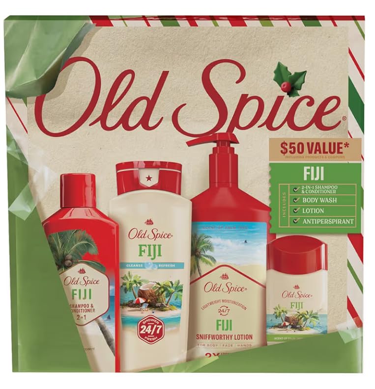 Old Spice Holiday Gift Pack for men, Fiji Scent, Body Wash, Antiperspirant and Deodorant, Aluminum Free Spray, 2 in 1 Shampoo, 24/7 Holiday Freshness, 4-pack, Gift Box for him, Holidude Edition
