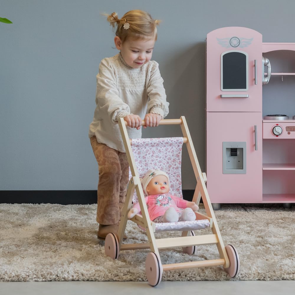 Bandits & Angels Puppenbuggy Lovely Flowers aus Holz – ab 2 Jahren – Puppenwagen aus Holz – für Puppen bis 50 cm – Puppenwagen Rosa mit Blumen – Puppenbuggy