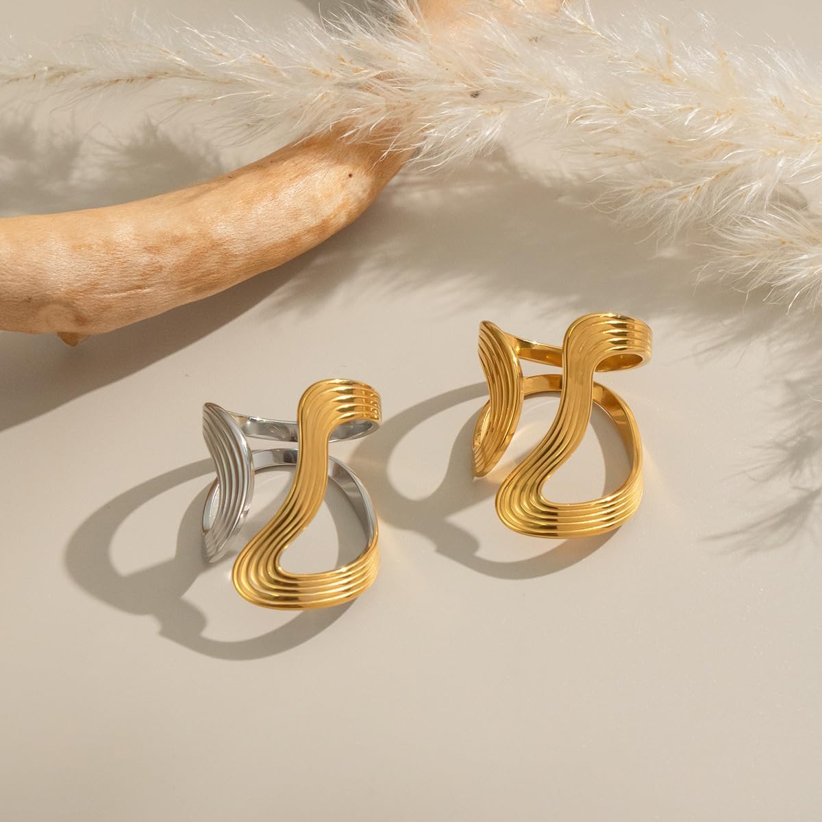 Gold Silver Mixed Metal Thumb Ring For Women, Chunky Asymmetrical Wavy Curve Ring Pinky Index Finger Split Rings Dainty Adjustable Stainless Steel Waterproof Non Tarnish Jewelry Gift - Image 6