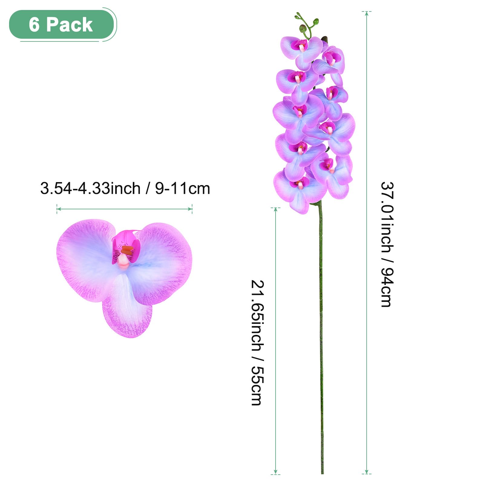 M METERXITY 6-Pack Orchidées Artificielles 9 Grands Pétales 37 Pouces Fausses Bouquets Real Touch Bleu Violet Fausses Orchidées pour Home/Wedding/Christmas/Party/Garden Office
