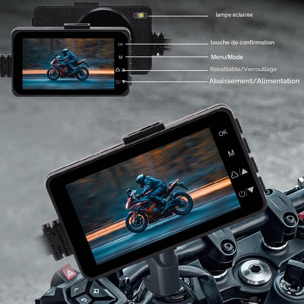 OBEST Motorrad Doppelkamera System,écran LCD d'écran de 3 Pouces 720P + 480P, -20 ℃ ~ 70 ℃ Betriebstemperatur,Motorrad Camera Doppia Traccia Anteriore e Posteriore,Doppia Action Camera Video