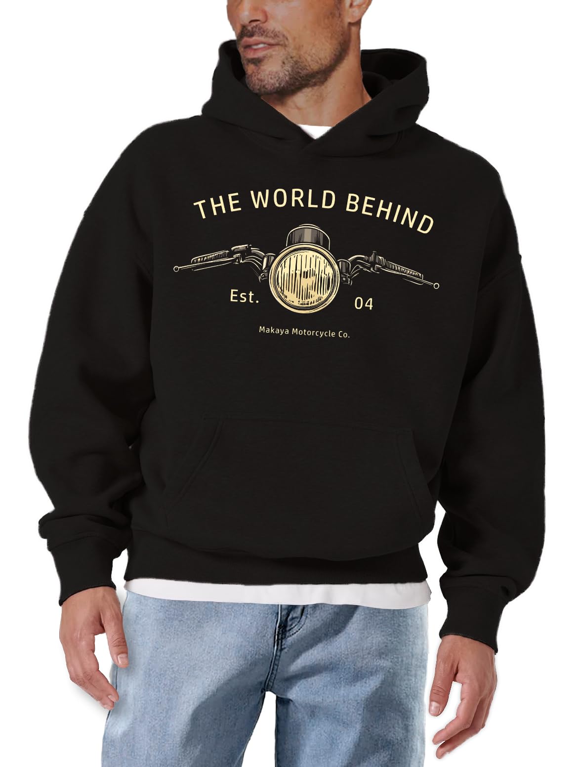 MAKAYA bluza z kapturem męska motocyklowa biker styl cafe racer hoodie z nadrukiem