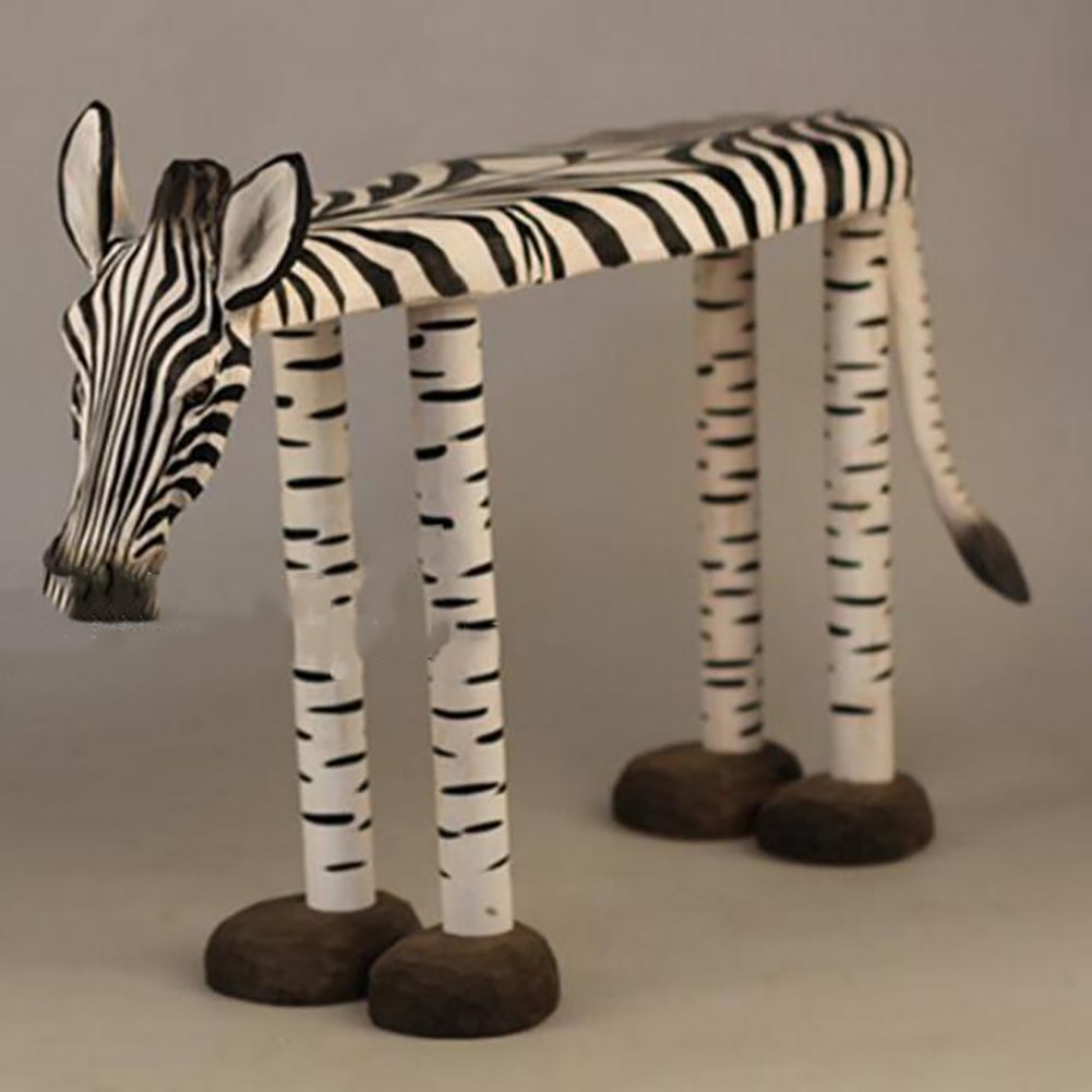 Tabouret en bois massif avec sculpture de zèbre faite main, meuble d'art