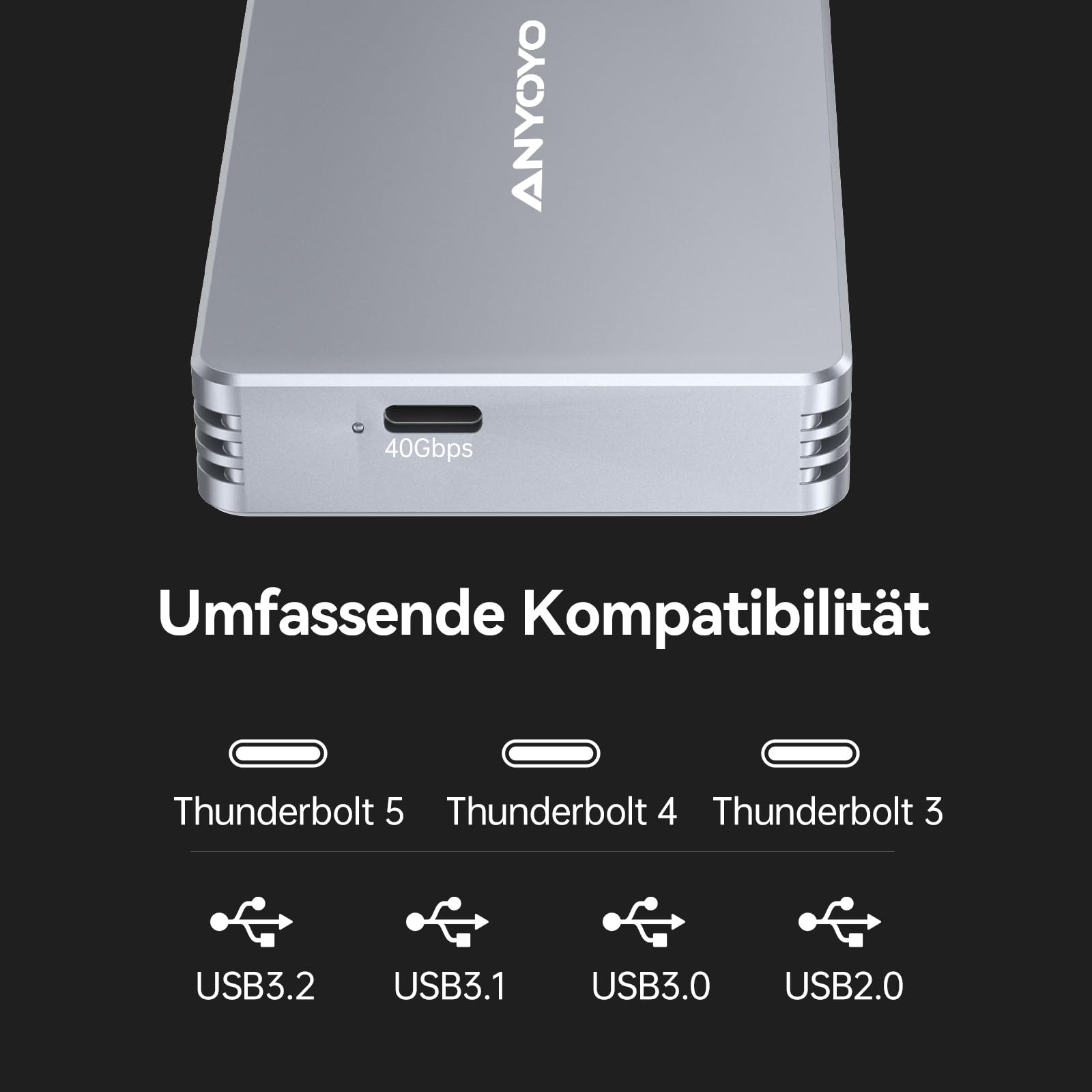 40Gbps M.2 NVMe SSD Gehäuse, ANYOYO NVMe Gehäuse kompatibel für Thunderbolt 5/4/3 M.2 SSD Gehäuse für PCIe 2280 M-Key (B+M Key), USB C Aluminium SSD Gehäuse kompatibel für USB 4/3.2/3.1