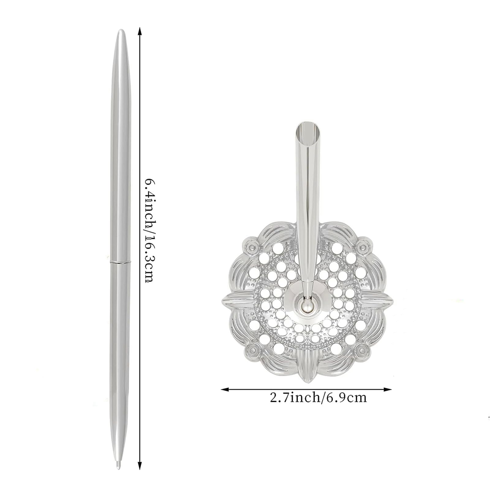 Rayibuir 2 Pieces Hollow Round Pen Holder Signing Pen Set for Wedding Bridal Engagement Guests Book Valentine's Day Favor (Silver) - Image 2