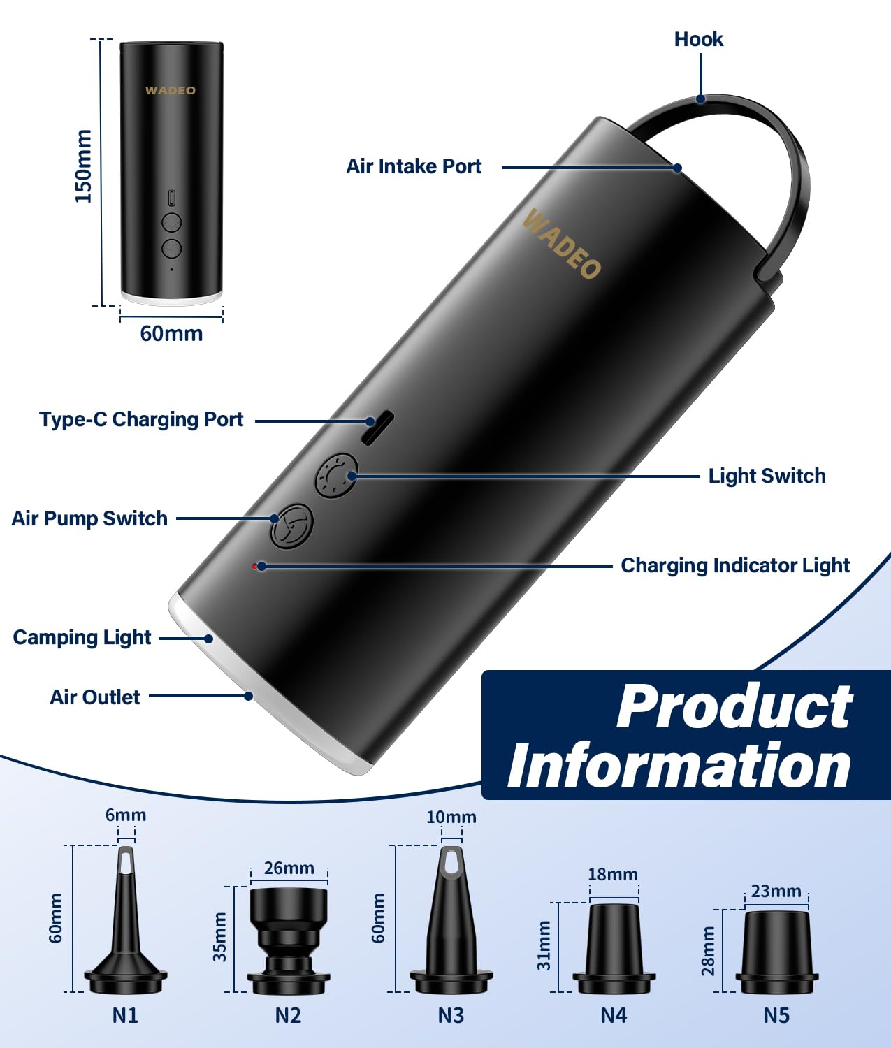 WADEO Pompa Elettrica Portatile, [Luce LED] [Gonfiatore e Sgonfiatore] [5 Ugelli] 4000mAh Ricaricabile Pompa per Materassi Gonfiabili, Piscine, Canotti, Campeggio e Casa