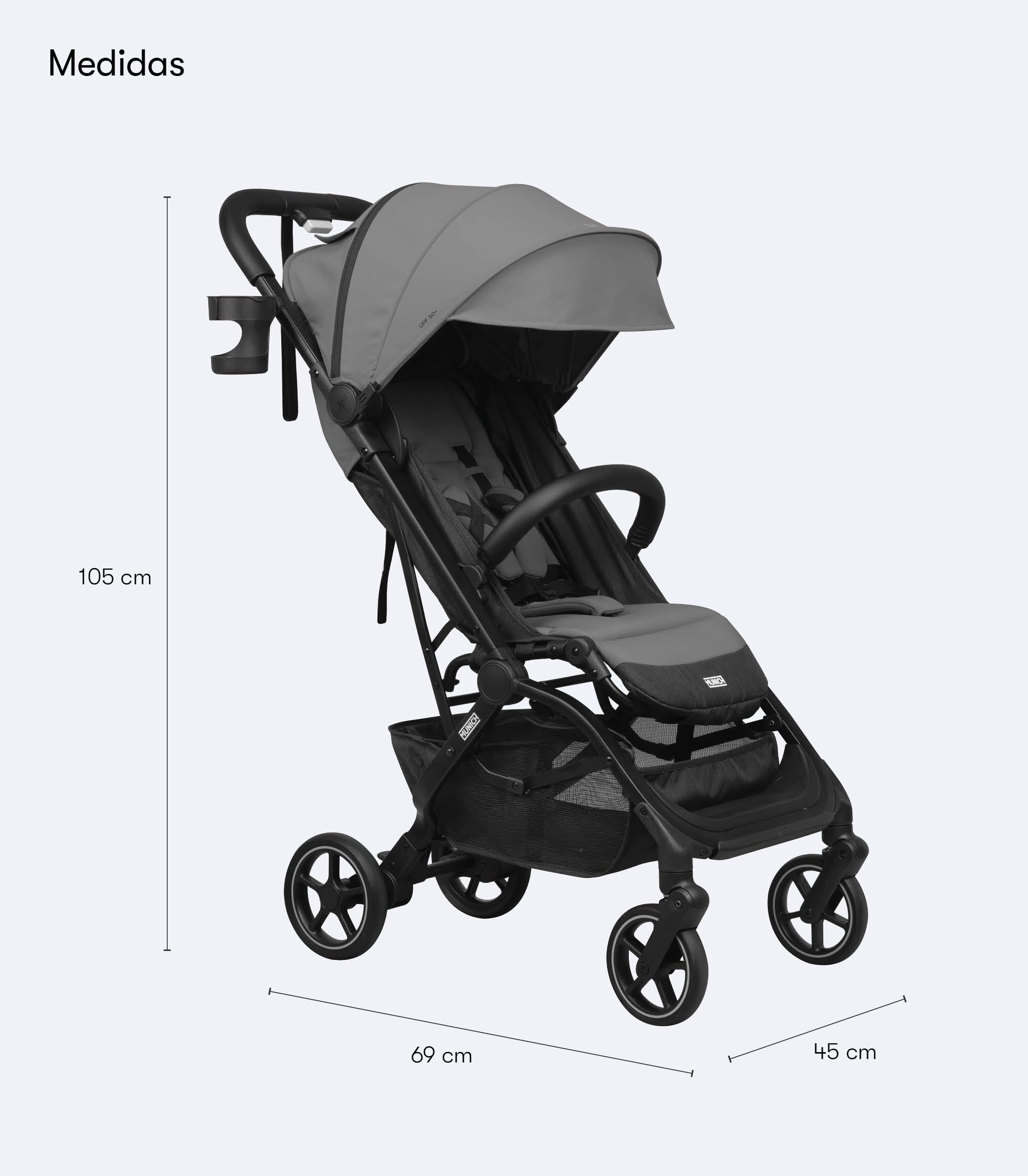 MUNICH Mun10, Silla de Paseo, Sistema de viaje, Silla de Bebe, Fácil plegado, desde el nacimiento hasta 22 kg, Maniobrabilidad, con cubrelluvias, Color Gris