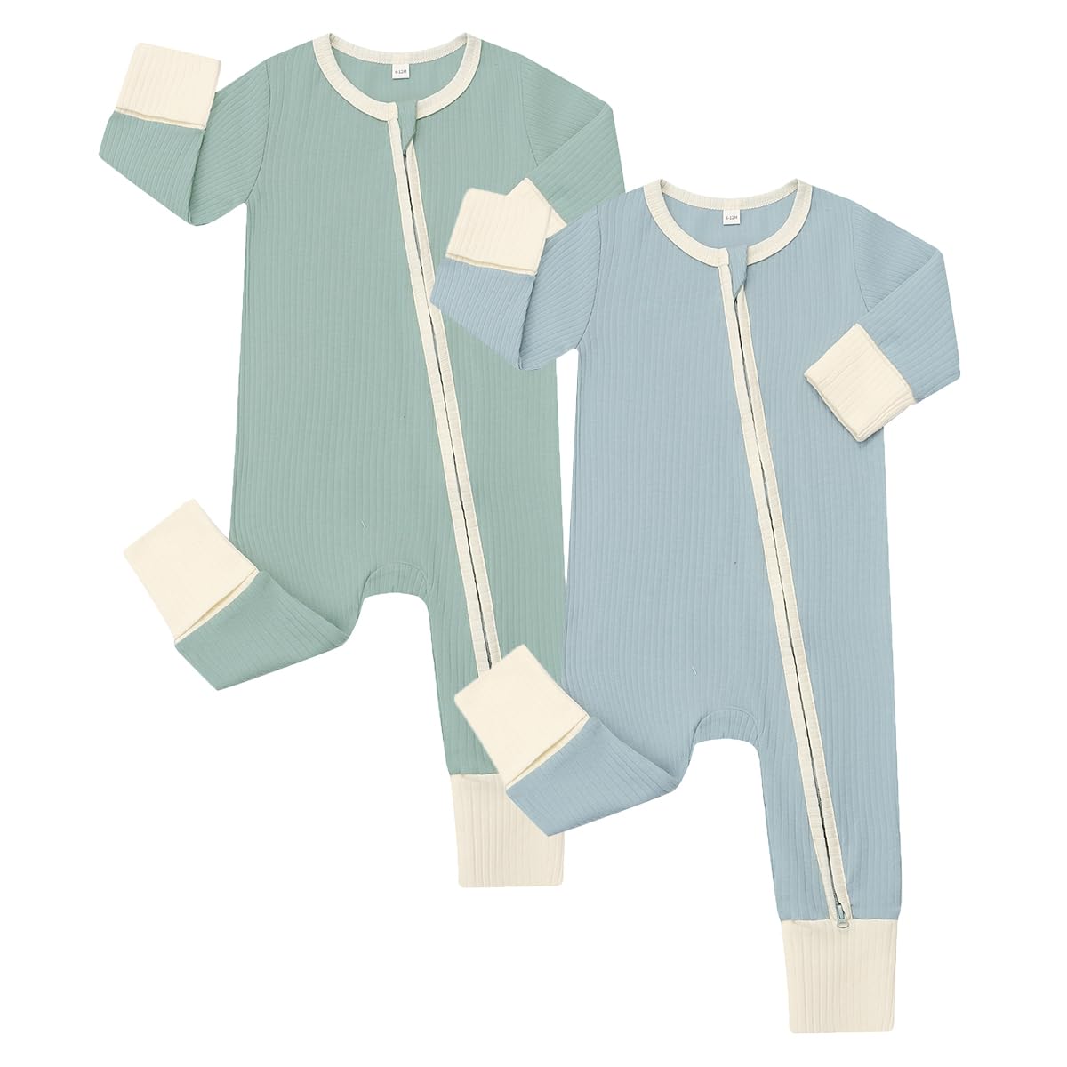 Bafeicao Baby Boy Girl 2 Pack Rompers with Mitten Cuffs Ribbed Cotton 2 Way Zipper Romper One Piece