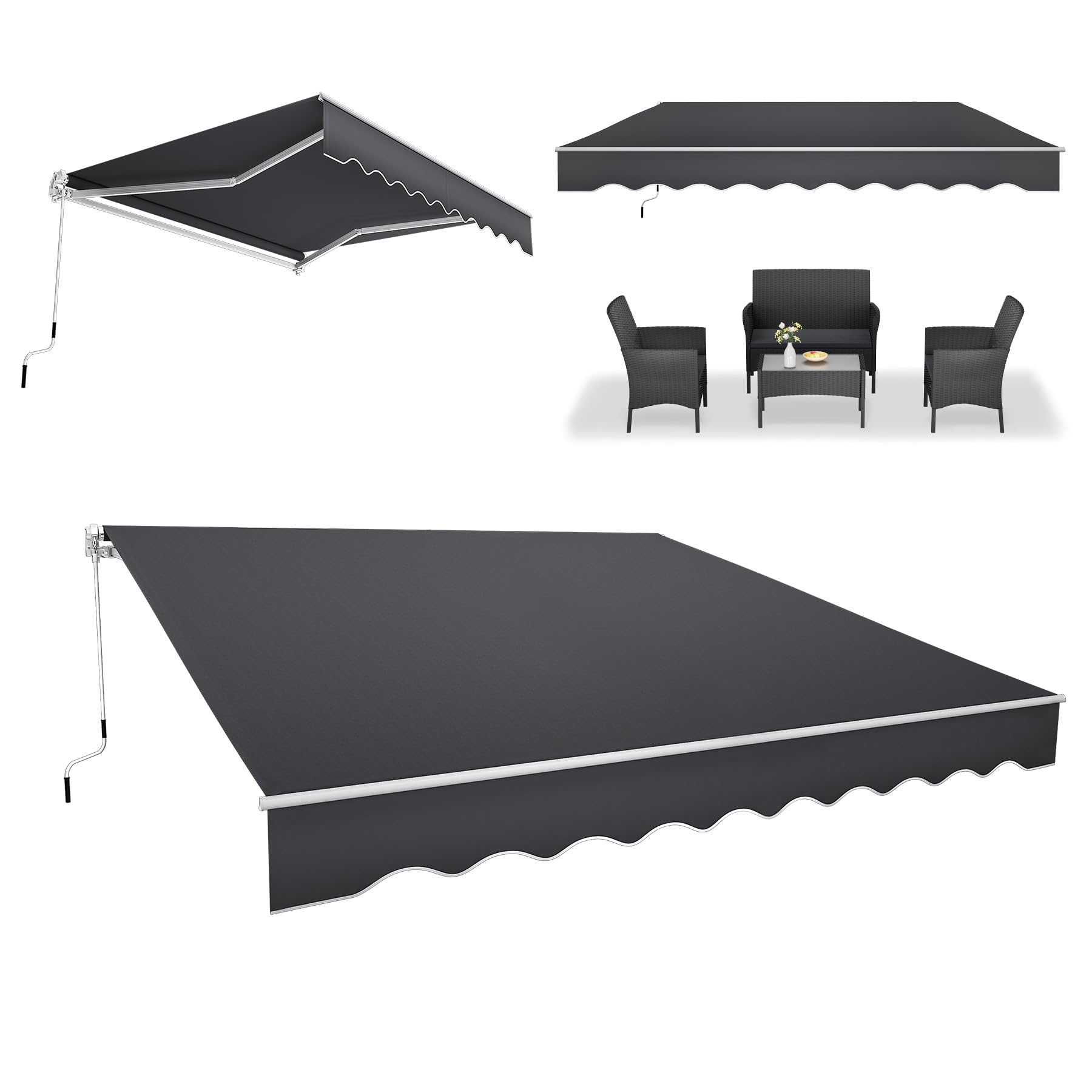 ACXIN Aluminium Markise Sonnenschutz Gelenkarmmarkise Markisenabdeckung Kassettenmarkise Balkonmarkise mit Handkurbel Wasserdicht Dunkelgrau (3,6m * 3m)